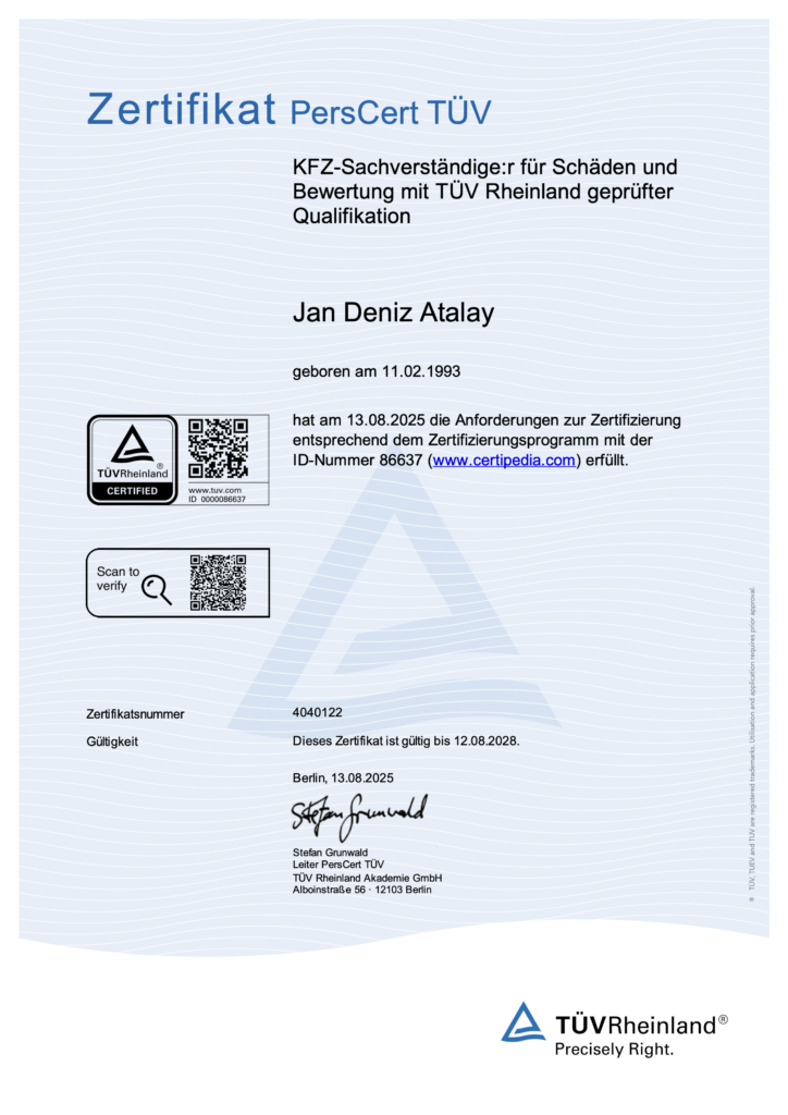 Zertifikat TÜV Rheinland Kfz-Sachverständiger Atalay